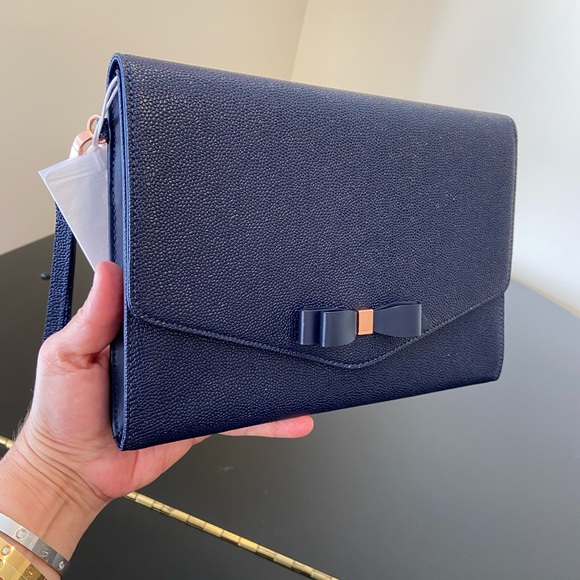 NWT Authentic Navy Ted Baker Krystan Bow Leather Envelope Pouch/bag - Picture 8 of 17